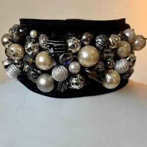 Black Suede Upcycled Neck Cuff Necklace - Cool tones